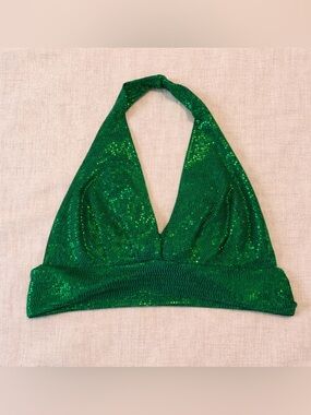 ✨ Yellow Cabbage Green Sequin Plunge Party Top Size M